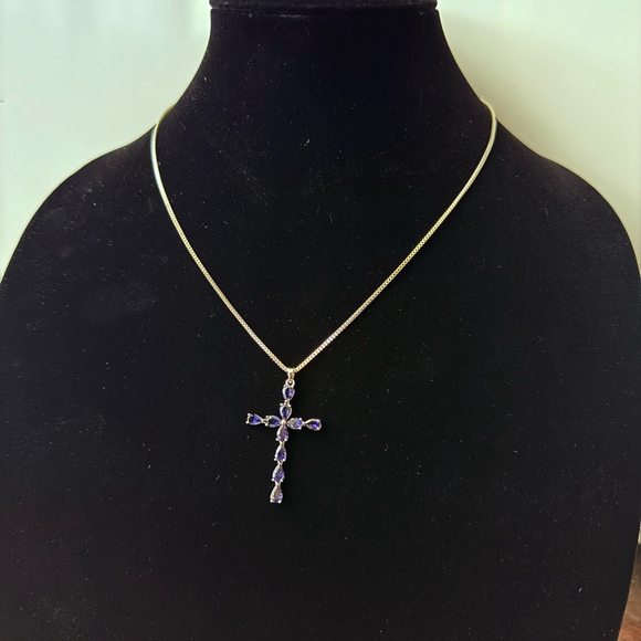 Faux Sapphire Blue CZ 925 Sterling Silver 2" Large Cross Pendant Necklace - Picture 3 of 8